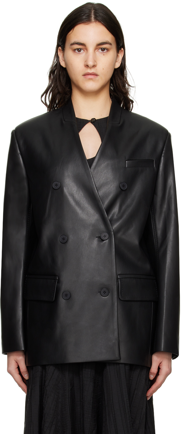 Olēnich: Black Double-Breasted Faux-Leather Blazer | SSENSE