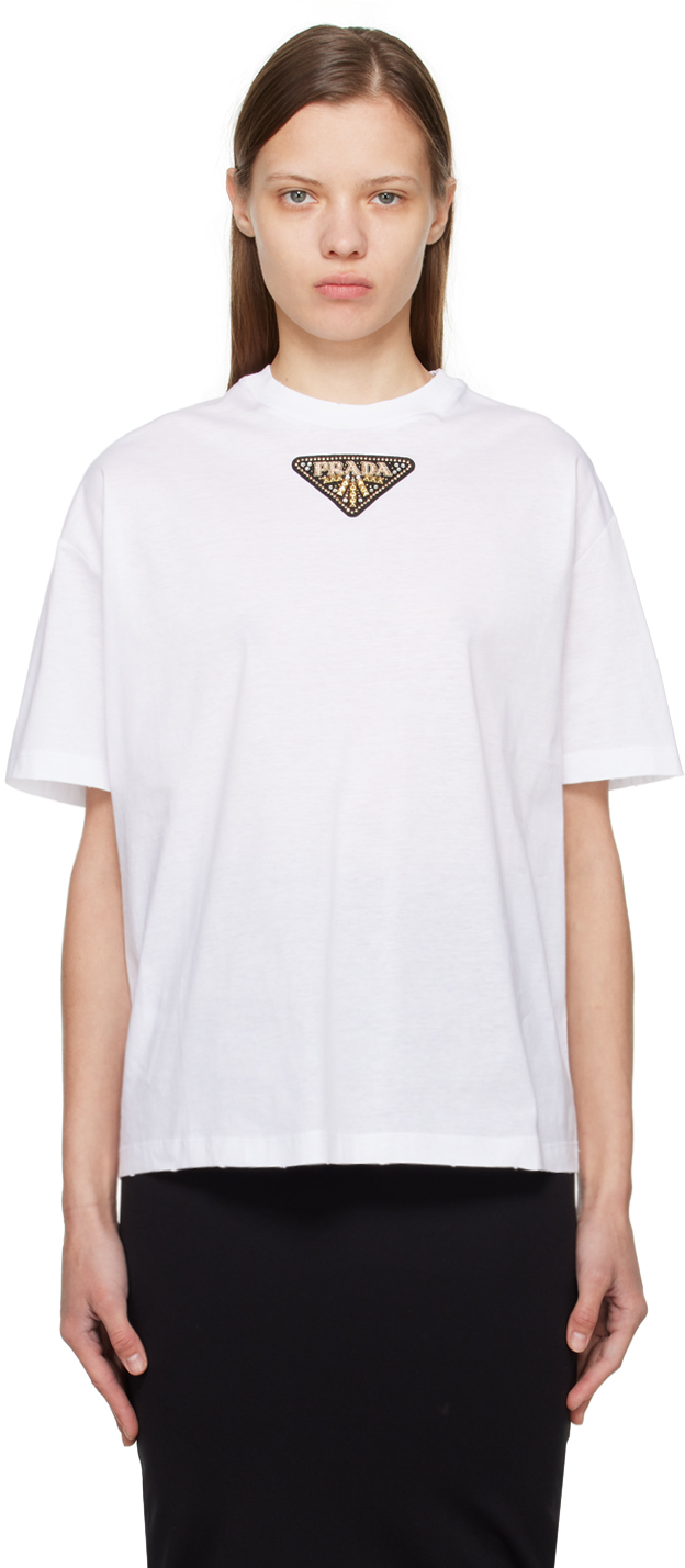 Prada: White Studded T-Shirt | SSENSE Canada