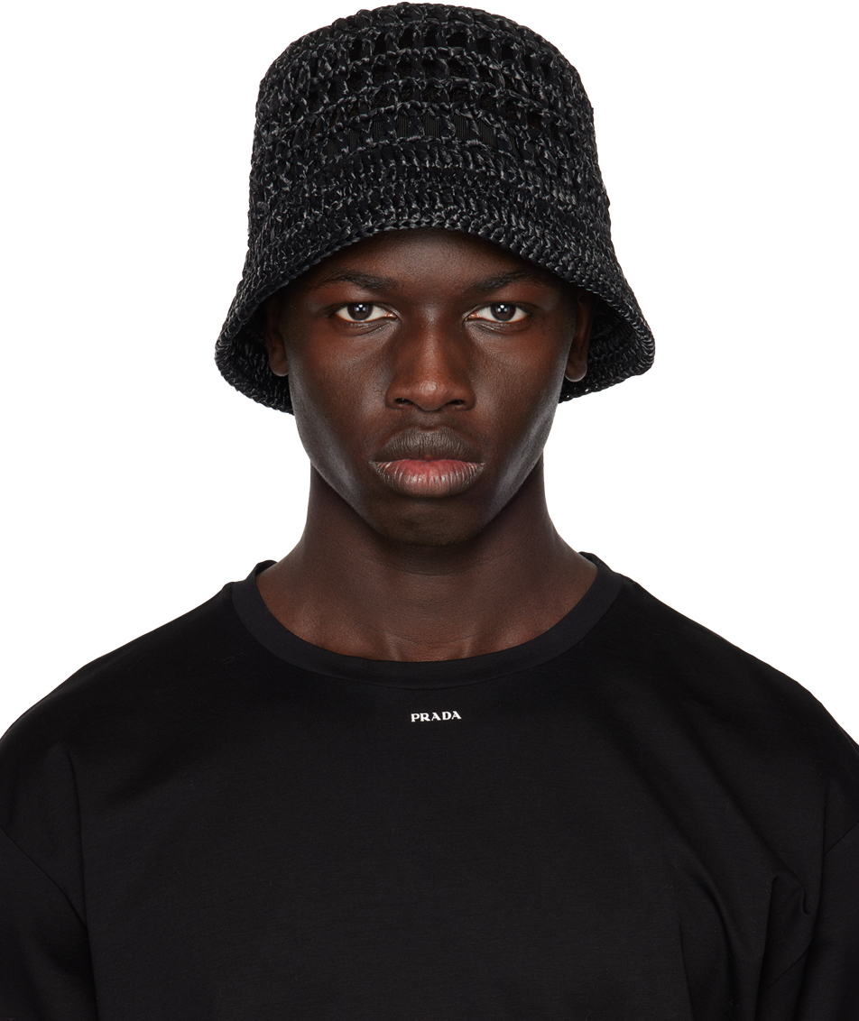 Prada: Black Raffia Bucket Hat | SSENSE Canada