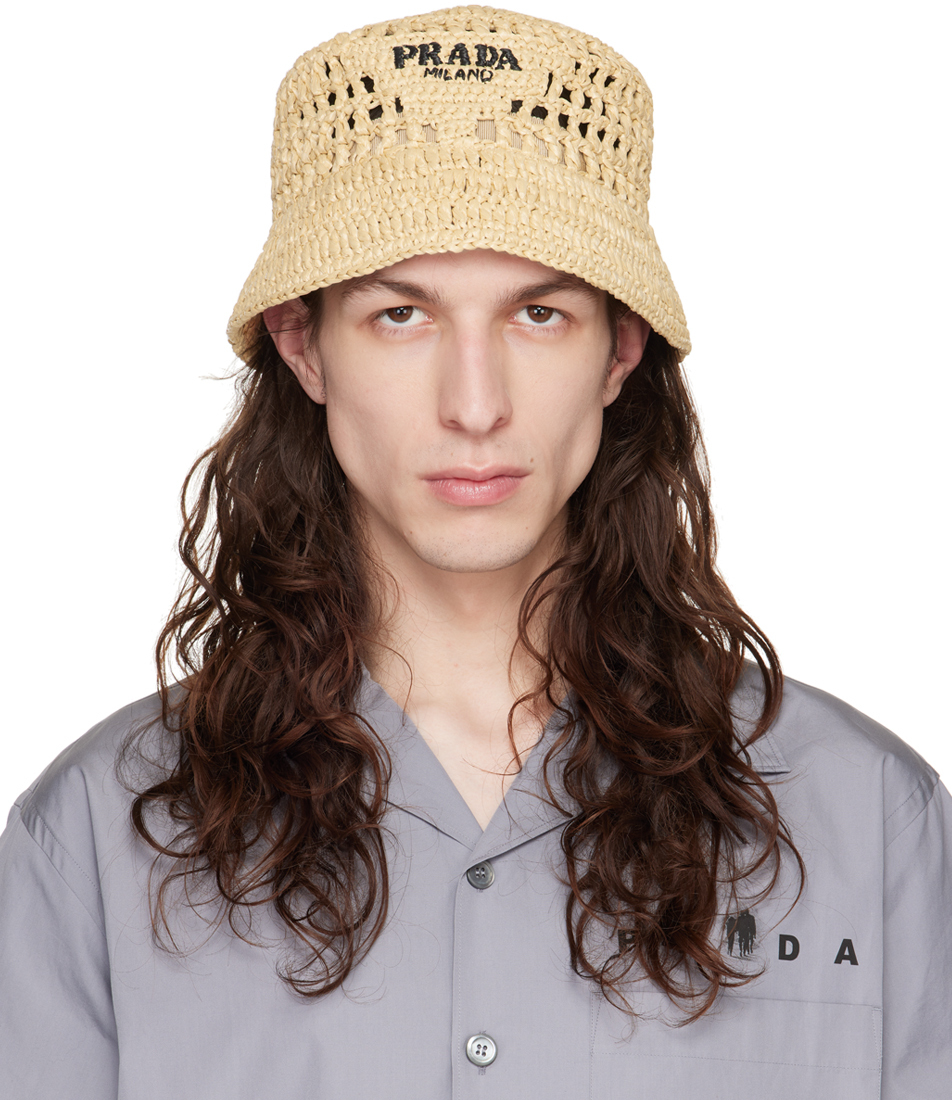 Prada: Beige Raffia Bucket Hat | SSENSE Canada