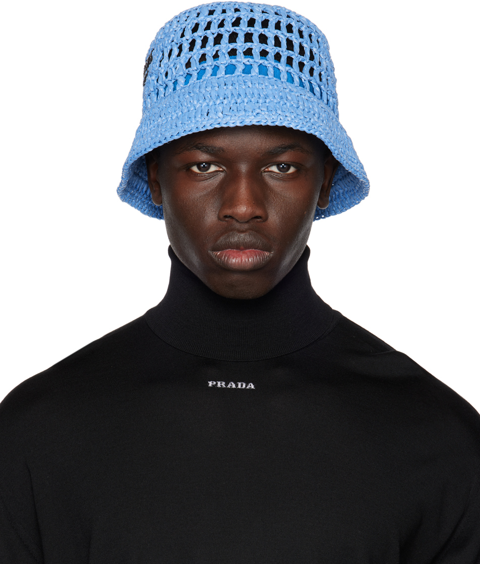 Prada: Blue Raffia Bucket Hat | SSENSE Canada