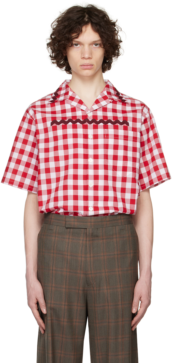 Prada Short-sleeved Cotton Shirt In White,red,burgundy