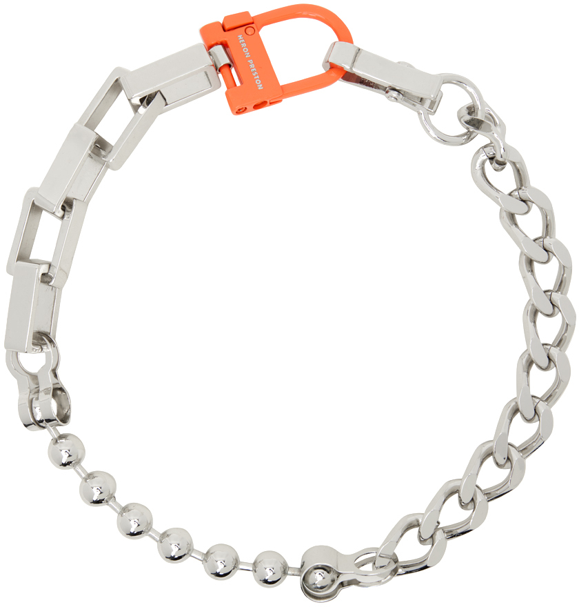 Heron Preston Silver Square Multichain Necklace In Silver Orange