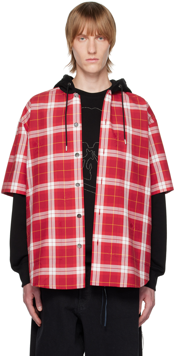 Mastermind Japan Red Hooded Shirt In Red (plaid)