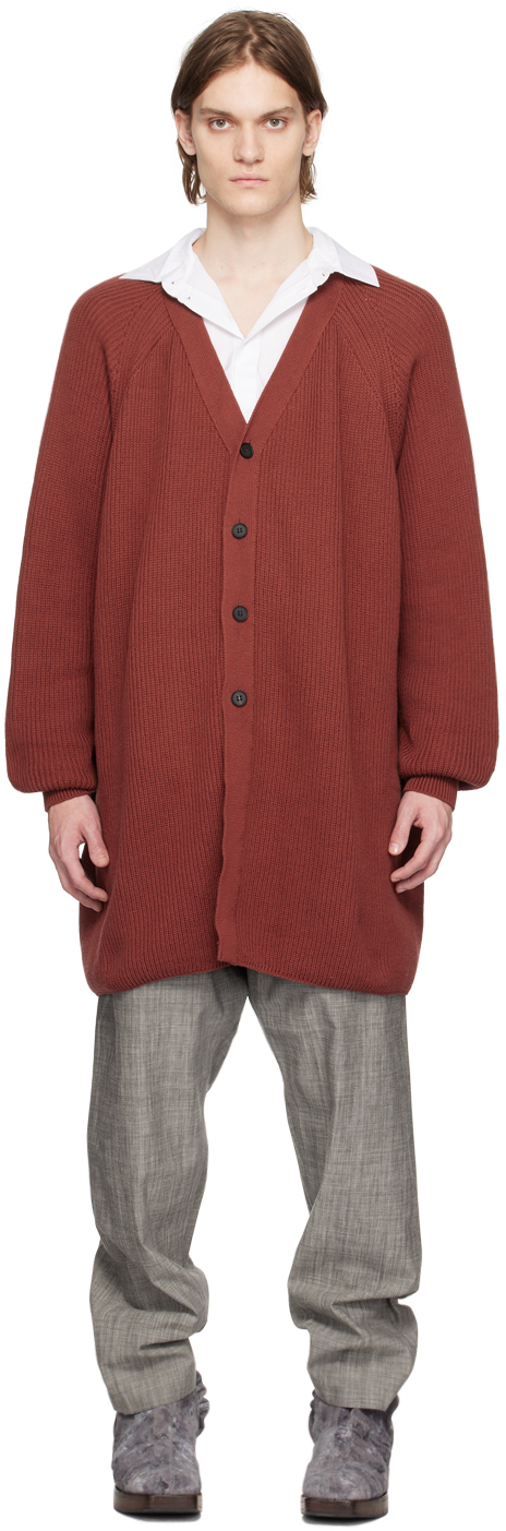 Jan-jan Van Essche Red Y-neck Cardigan In Red Ochre Cotton