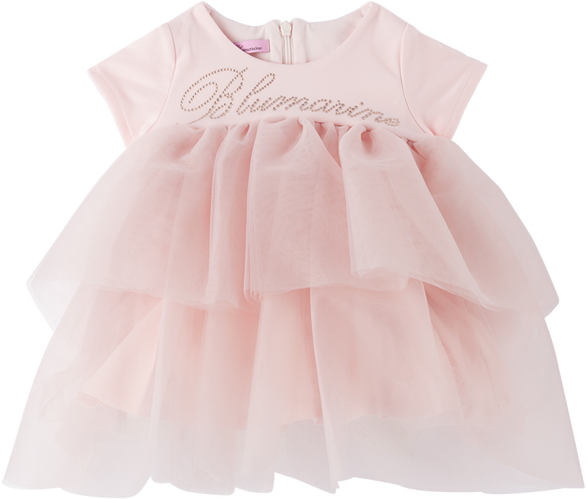 Miss Blumarine Babies' Sequin-logo Tulle Layered Dress In X0485 Pink Cloud