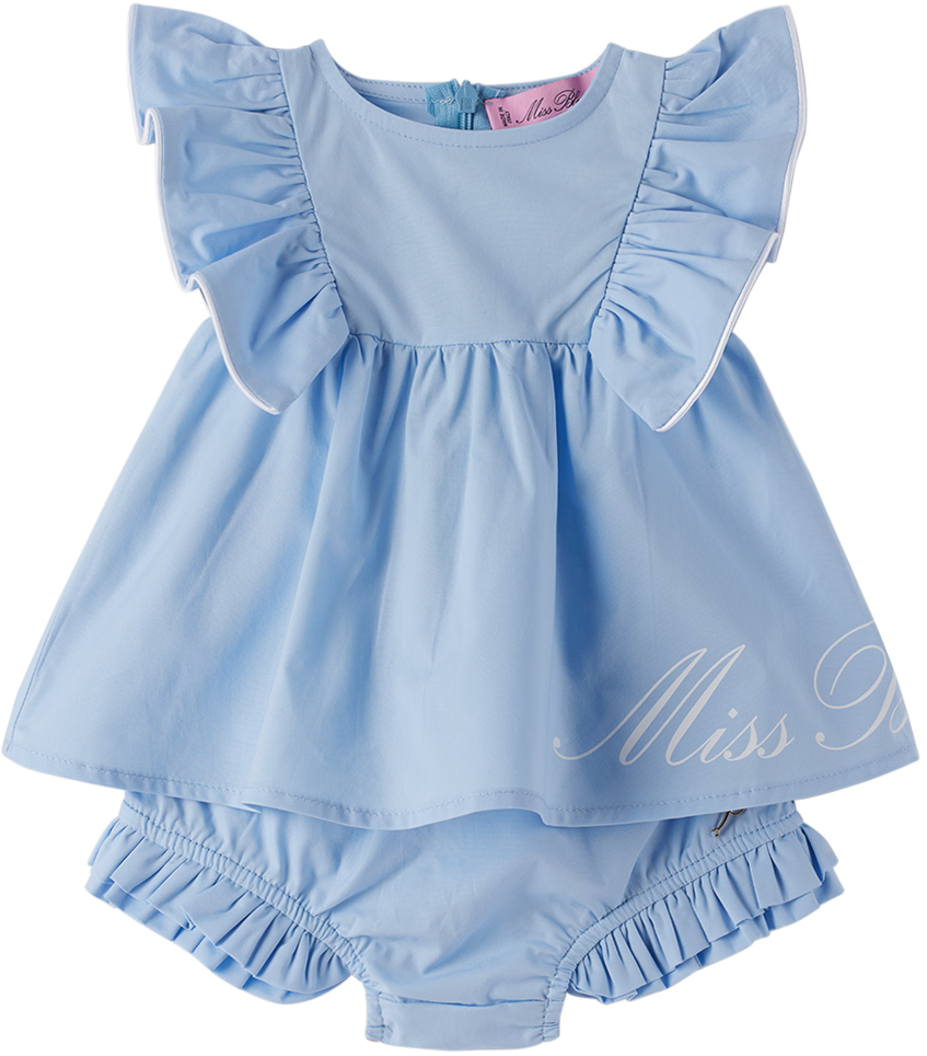 Miss Blumarine Baby Blue Ruffled Dress & Bloomers Set In X0484 Dreamy Blue
