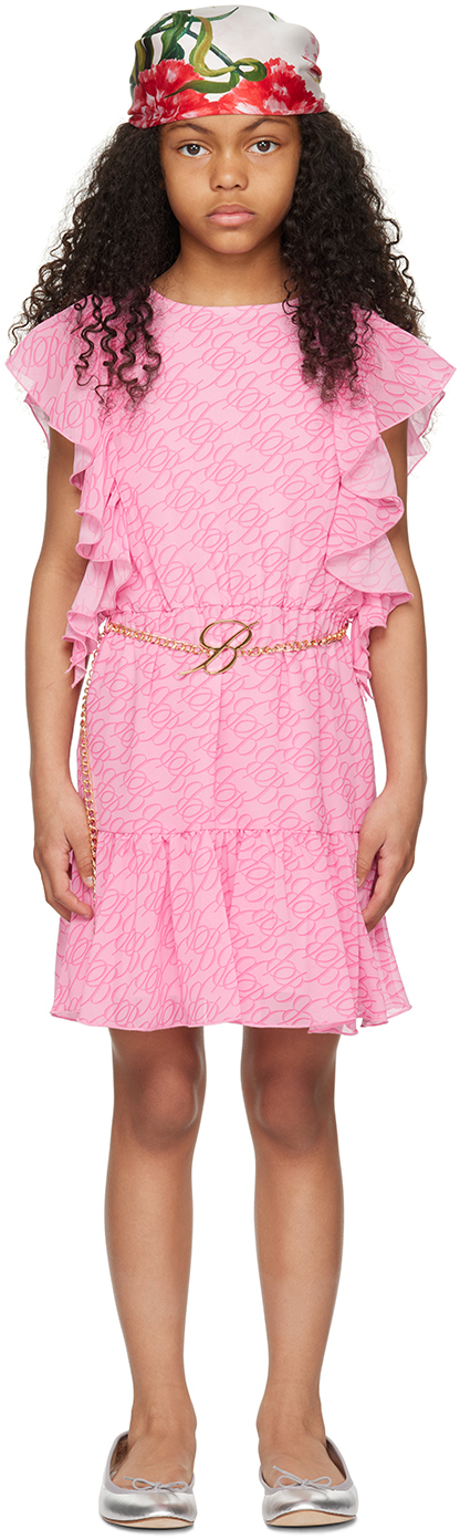 Miss Blumarine Logo-belt Ruffle-detail Dress In Pink