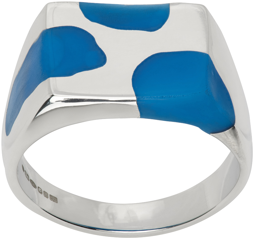 Ellie Mercer Pattern-embellished Sterling-silver And Resin Signet Ring In Blue