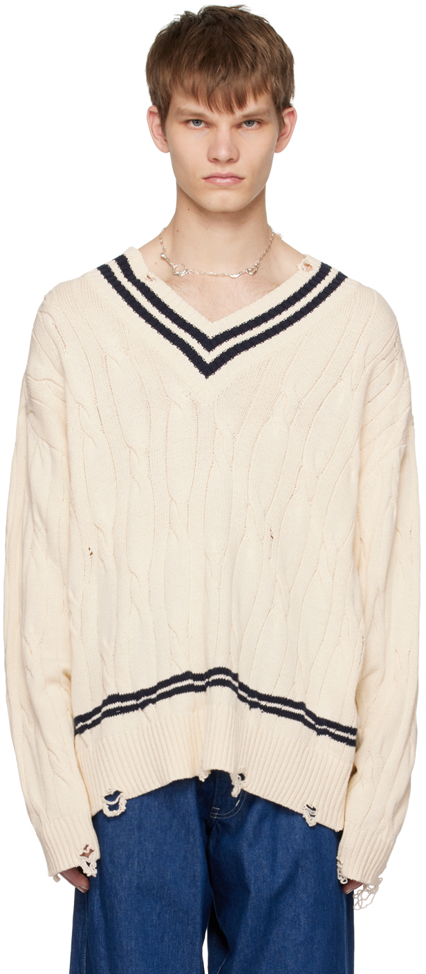 Youth Off-white & Navy Damaged Sweater In Ivory