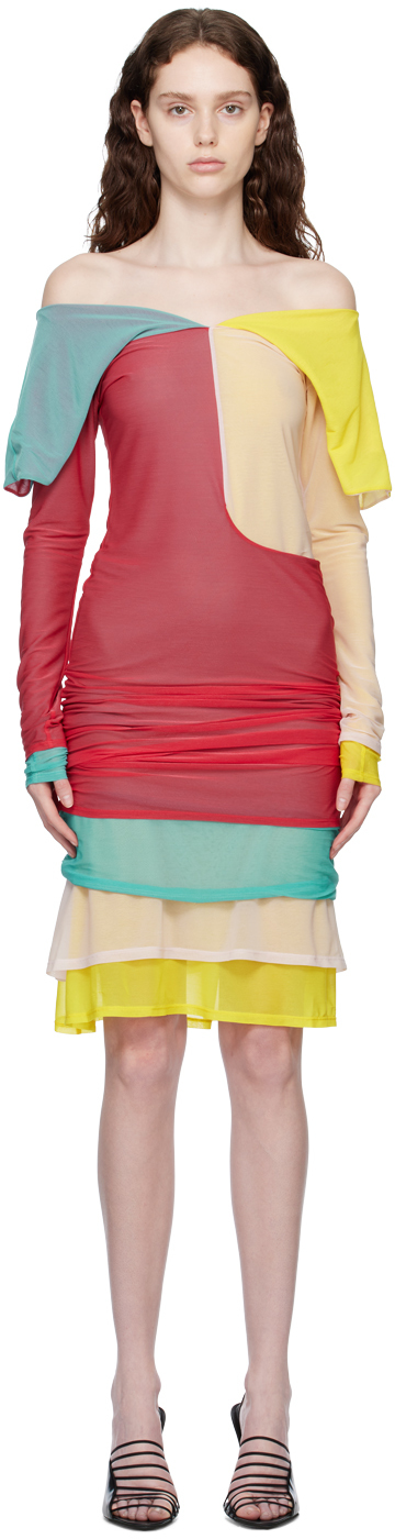Shop Kiko Kostadinov Multicolor Mora Midi Dress In Peach/canary Hibiscu