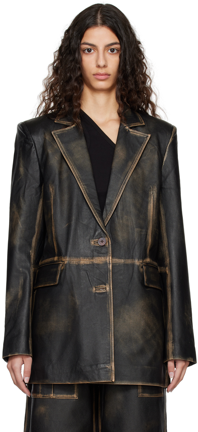 REMAIN Birger Christensen: Black Washed Leather Blazer | SSENSE Canada