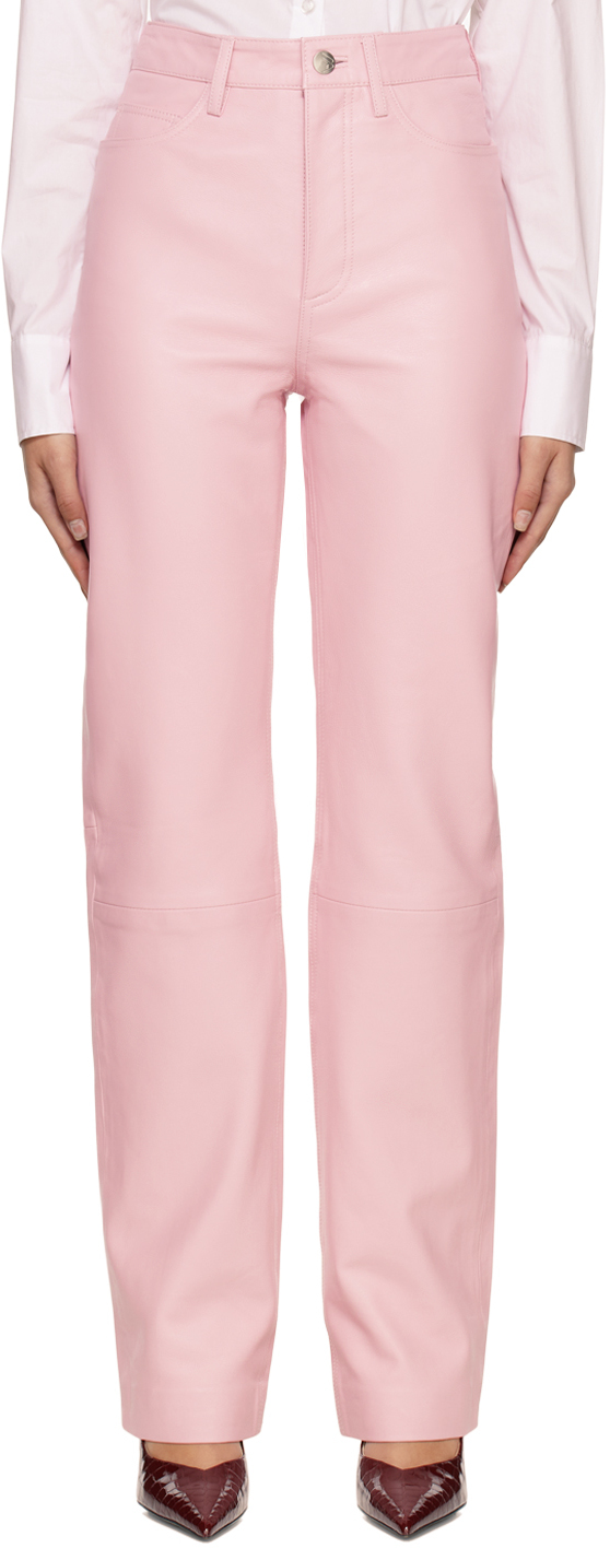 Shop Remain Birger Christensen Pink Straight Leather Pants In 13-2010 Orchid Pink