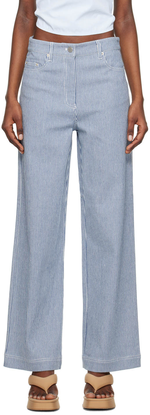 REMAIN Birger Christensen: Blue Striped Trousers | SSENSE