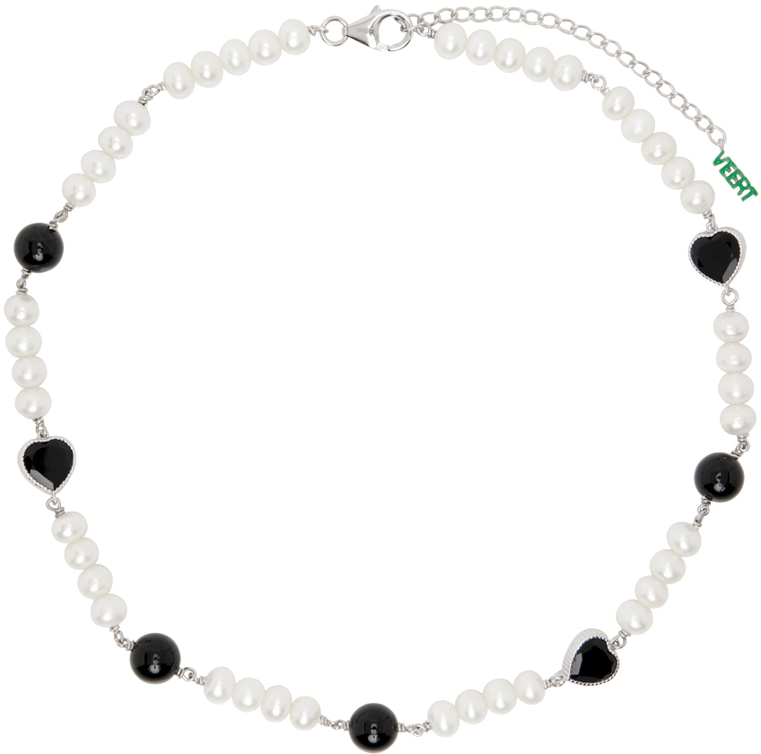 Veert Ssense Exclusive White & Black Heart Pearl Necklace In White Gold/black Ony