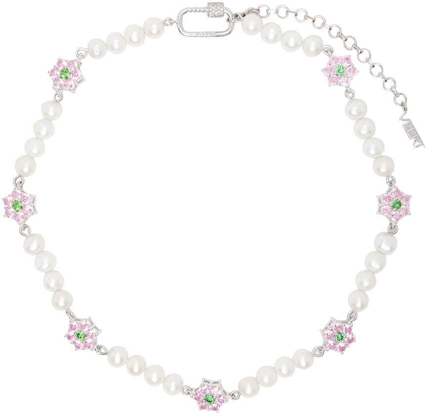 Veert White Gold Flower Pearl Necklace In Pink/green