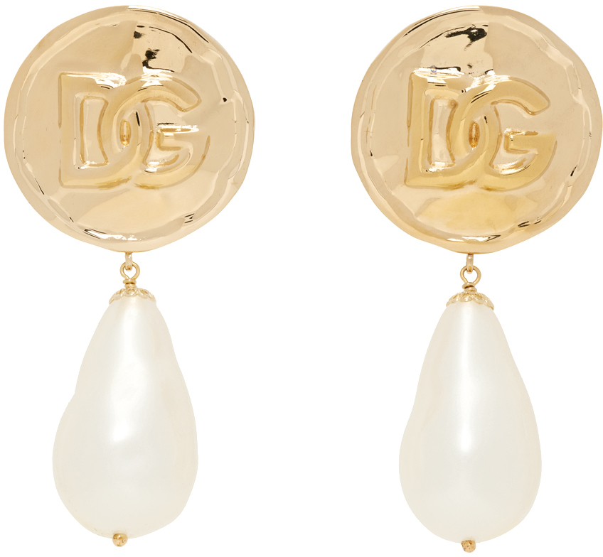 Gold & White DG Logo Drop Earrings