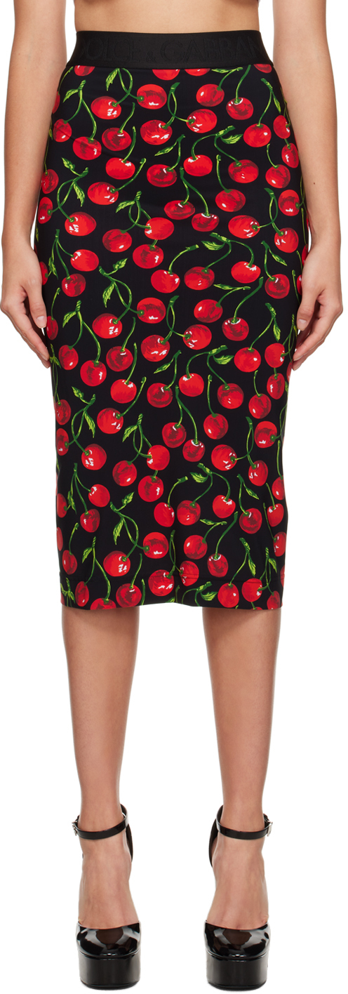 Black & Red Cherry Midi Skirt
