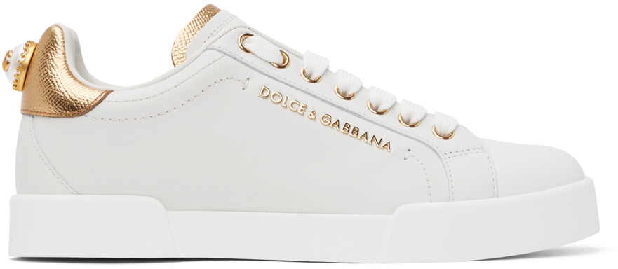 Dolce & Gabbana White & Gold Portofino Low Sneakers In 8b996 Bianco/oro