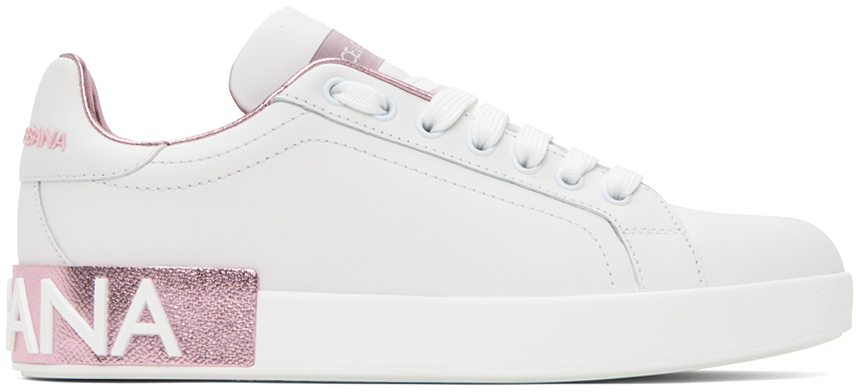 Shop Dolce & Gabbana White & Pink Portofino Low Sneakers In 87587 Bianco/rosa