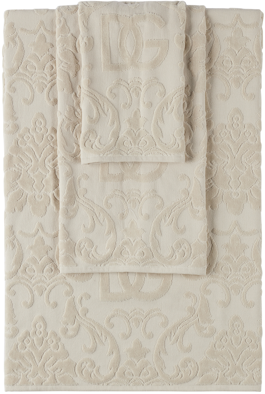 Dolce & Gabbana Off-white Dg Damask Towel Set, 5 Pcs In Off White