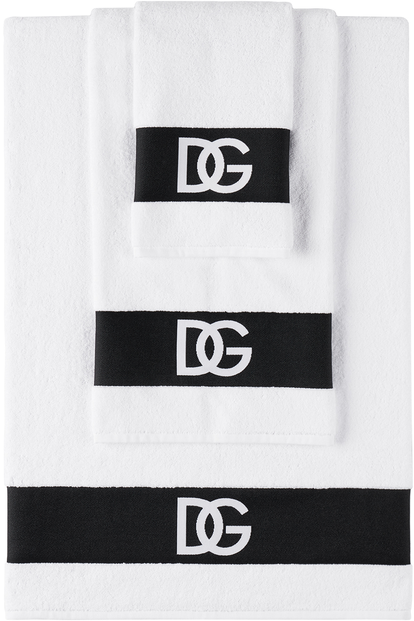 Dolce & Gabbana White & Black Dg Terry Towel Set, 5 Pcs In Dg Logo