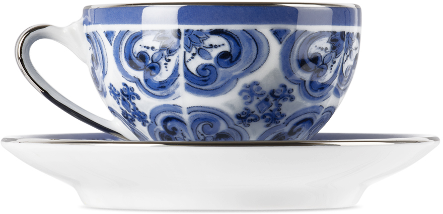 Dolce & Gabbana White & Navy Mediterraneo Espresso Set In Fiore Piccolo