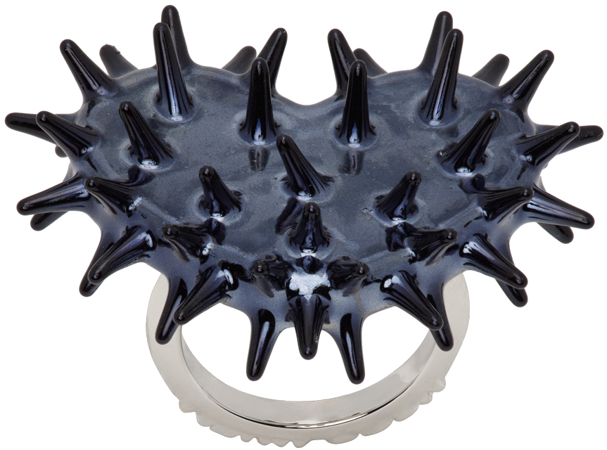 Hugo Kreit Ssense Exclusive Silver & Black Spiky Heart Ring In Petrol