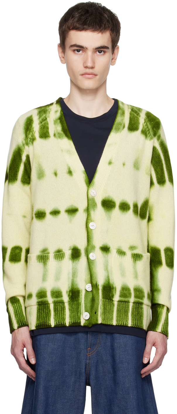 The Elder Statesman Beige & Green Lsd Relaxed Cardigan In C846 Ivory W/ Olive