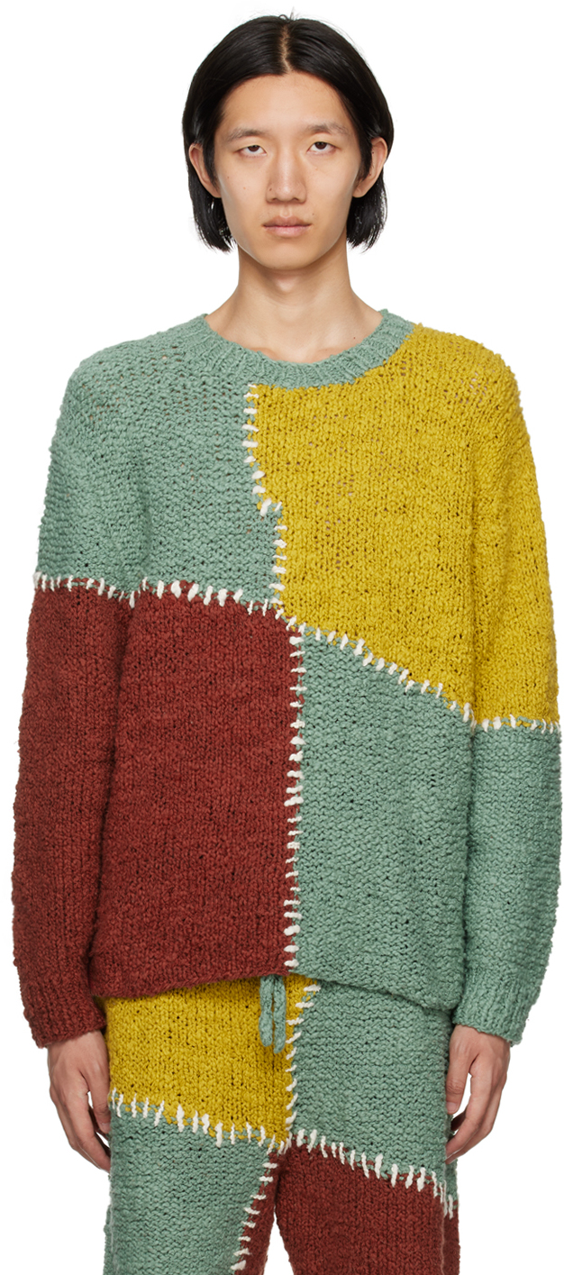 The Elder Statesman Multicolor Paneled Sweater In C763 Juniper/brick/w