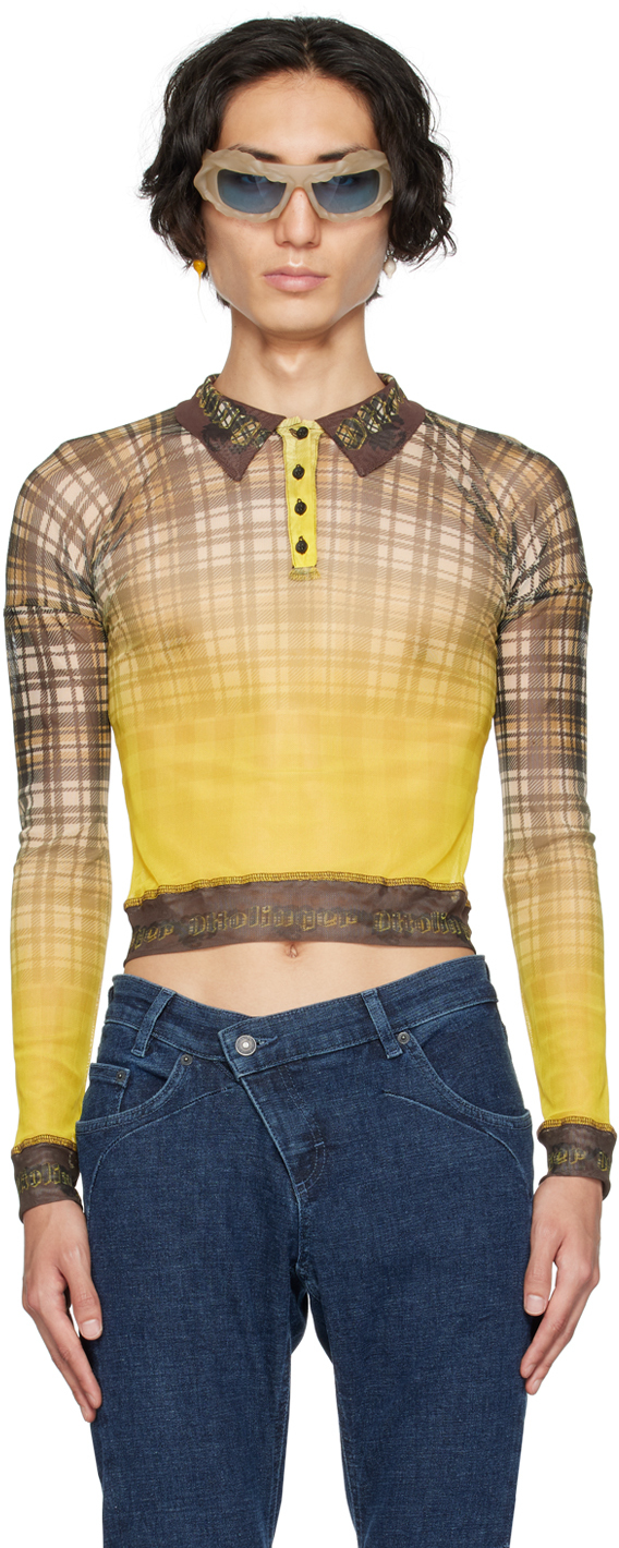 Ottolinger Yellow Check Long Sleeve Polo In Yellow Plaid Yellop