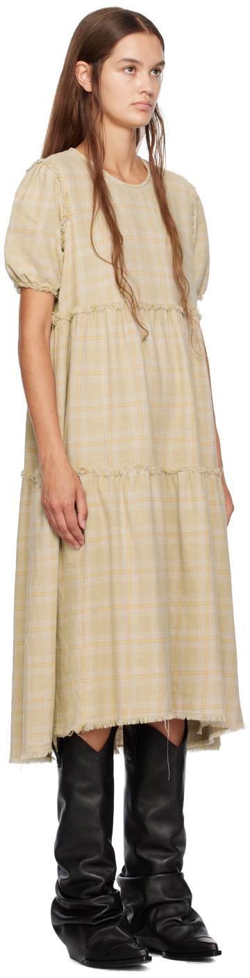 R13 BEIGE SHREDDED RELAXED MIDI DRESS