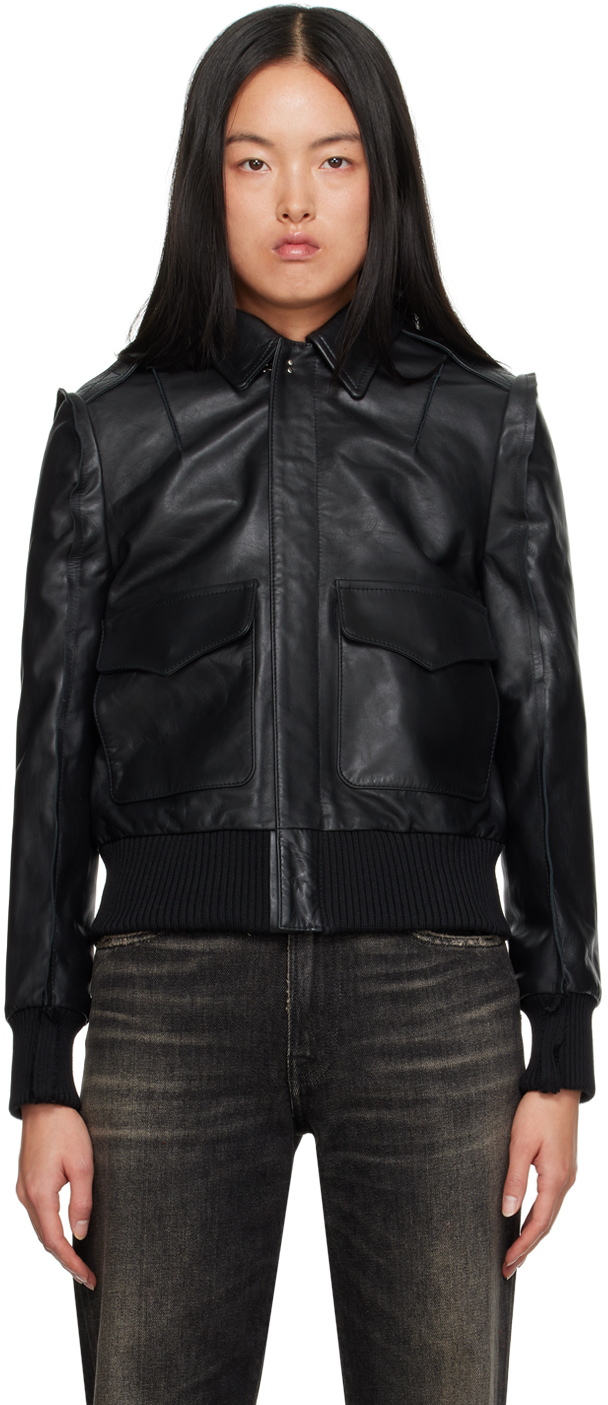 R13 Black Flat Sleeve Leather Bomber Jacket In Shiny Black