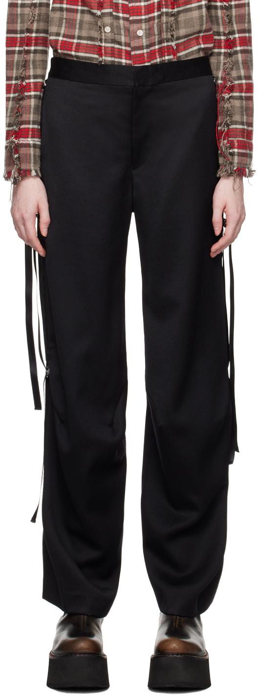 R13 Black Pleated Cargo Trousers In Black W/satin