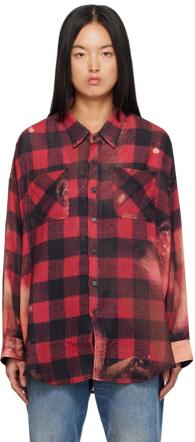 R13 Drop Neck Work Shirt In Bleached Red Buffalo Plaid