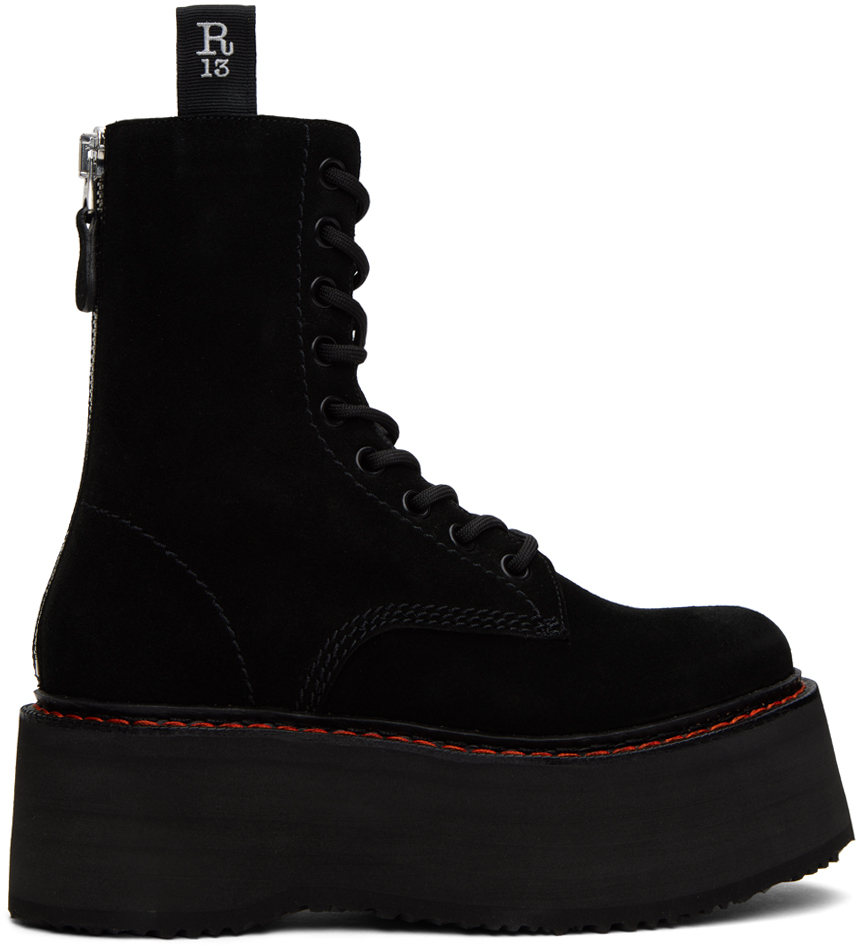 R13 Black Double Stack Boots In Black Suede