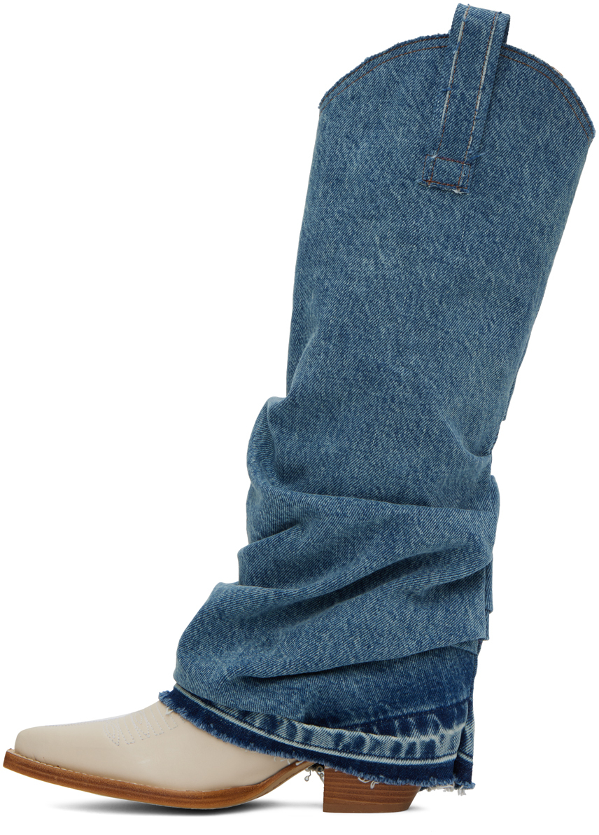 MID COWBOY BOOTS WITH DENIM SLEEVE - BLUE AND WHITE