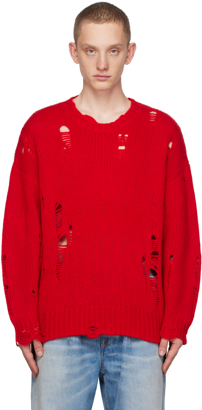 R13: Red Distressed Sweater | SSENSE