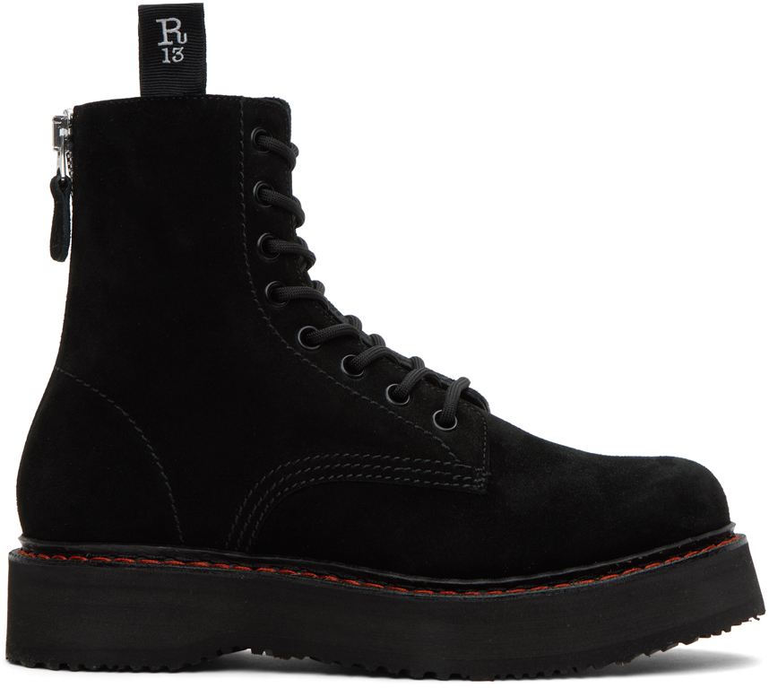 R13 Black Single Stack Boots In Black Suede