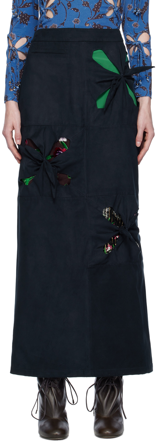 J.kim Navy Paneled Faux-suede Midi Skirt In Dark Blue