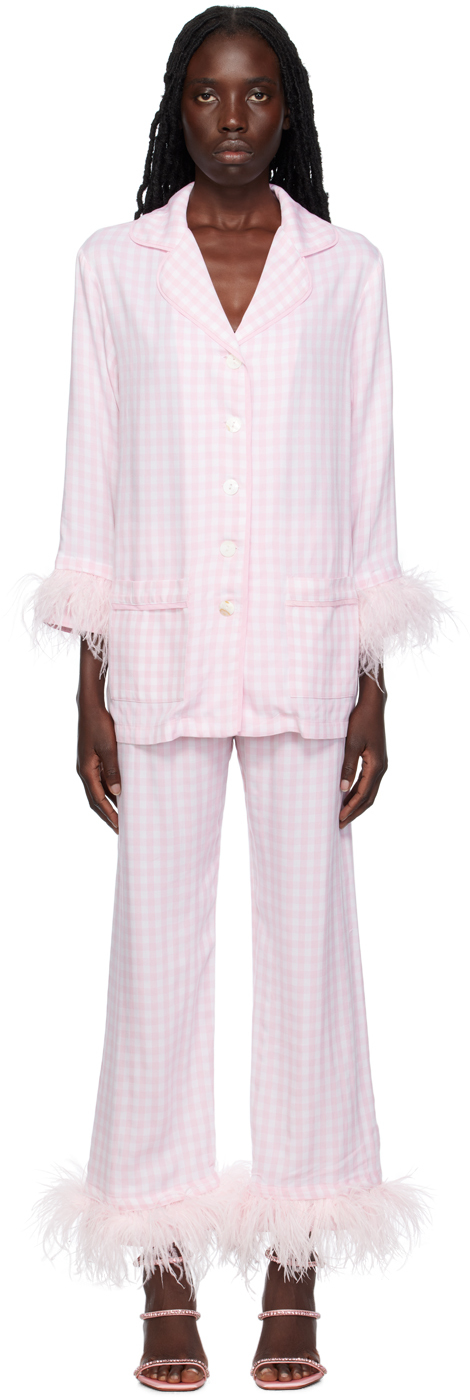 Night ruffle trim cotton pyjama set in pink