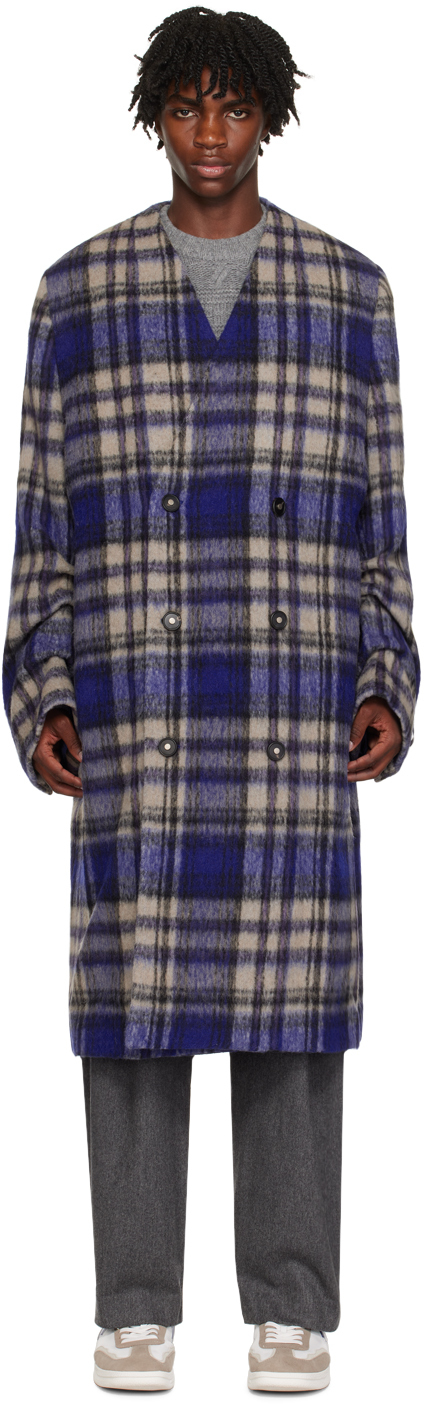 Ader Error Check-print Double-breasted Wool Coat In 蓝色