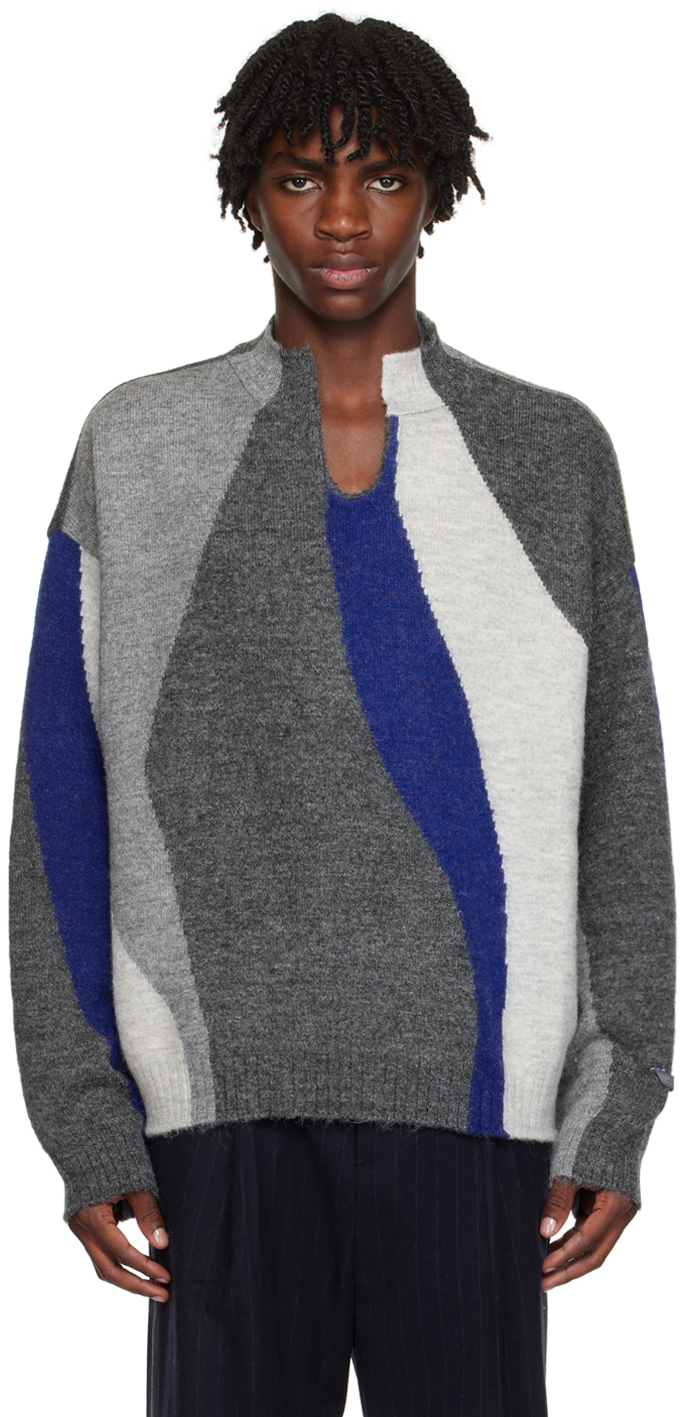 Ader Error Gray Intarsia Sweater In Blue
