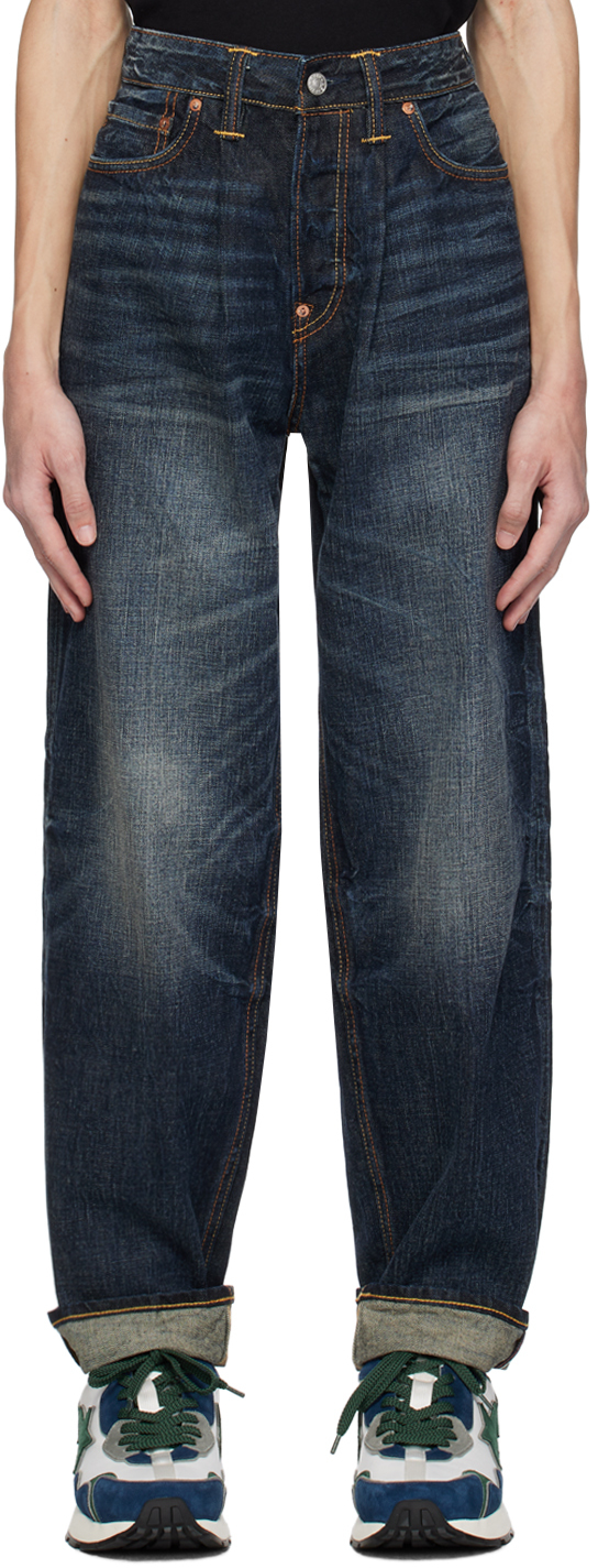 Evisu Indigo Printed Jeans In Dk. Tone Indigo