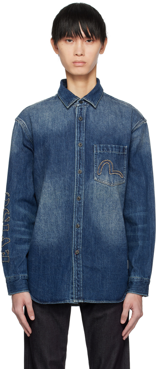 Evisu Blue Appliqué Denim Shirt In Mid-tone