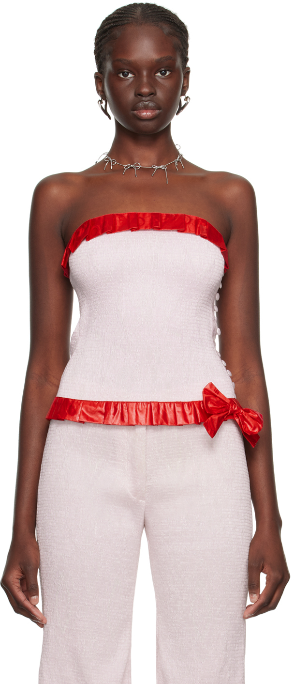 Super Yaya Audrey Bow-trim Smocked-cotton Bustier Top In Pink/red