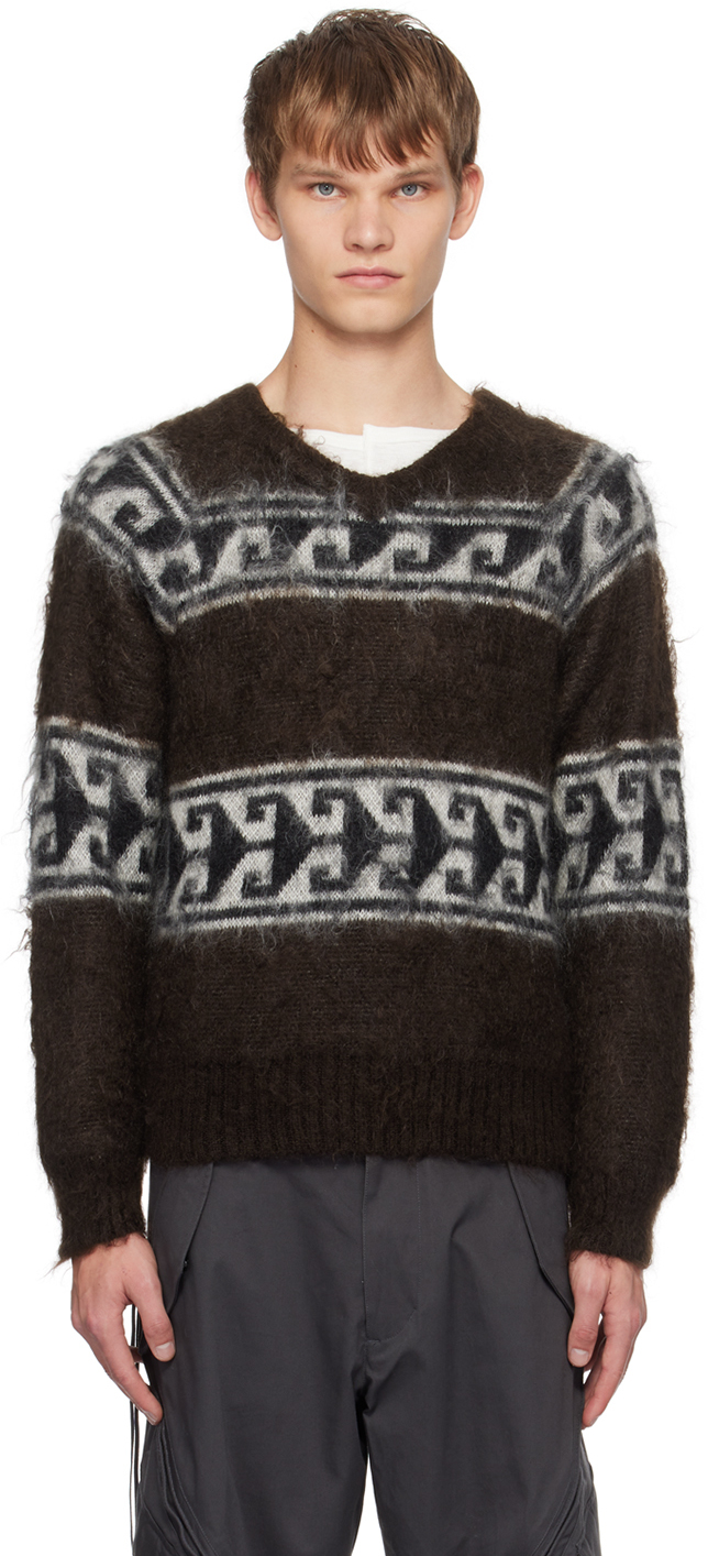 Brown V-Neck Sweater by NVRFRGT on Sale