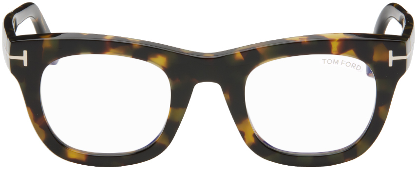 Tom Ford Tortoiseshell Blue-block Square Glasses In 55 Shiny Green Havan