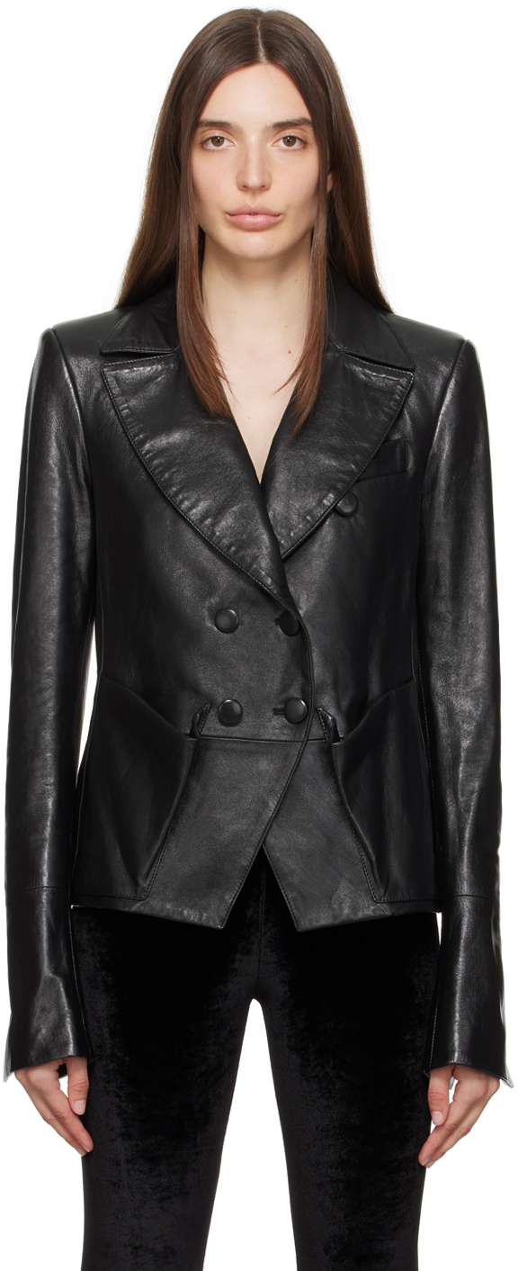 Shop Tom Ford Black Double-breasted Leather Jacket In Lb999 Black