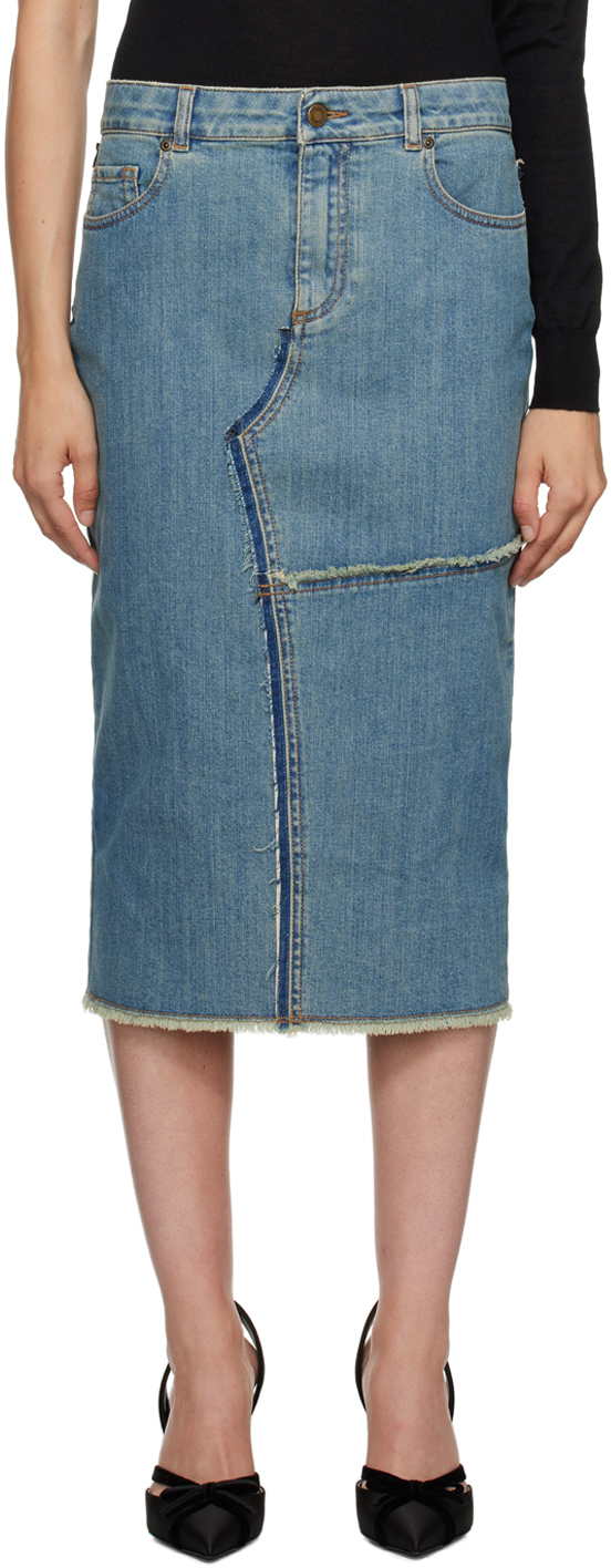 Blue Frayed Denim Midi Skirt